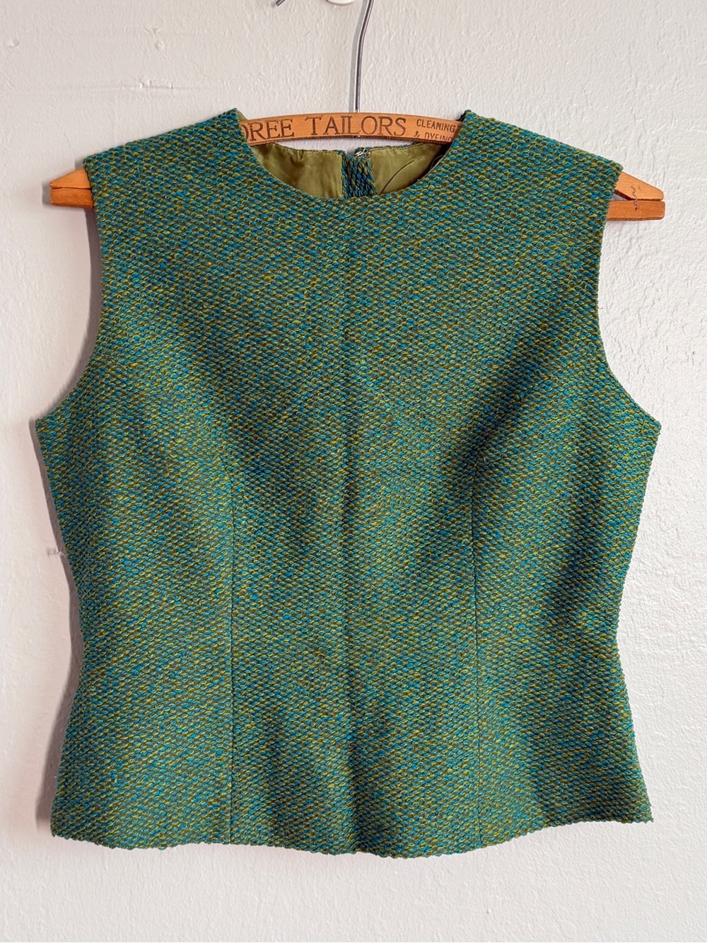Vintage 1960s Wool Tweed Shell Top Sleeveless Mod Teal Green Blue Blouse S/M